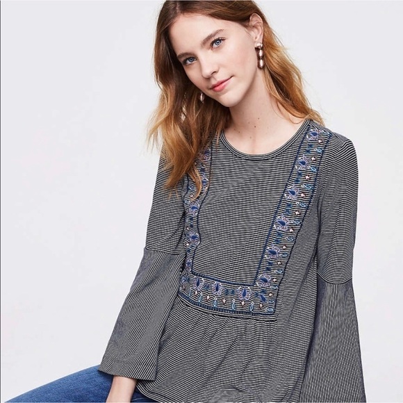 Loft Embroidered Striped Bell Sleeve Top - Picture 3 of 9